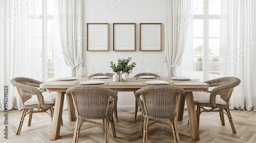 Small poster frame mockup in elegant dining room. Wicker chairs, wooden table. Natural daylight. Photorealistic.