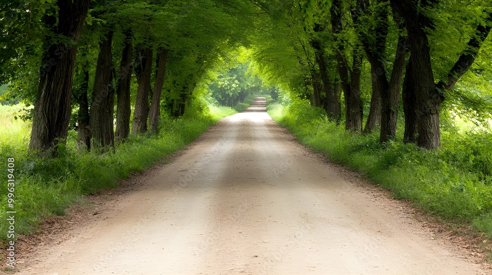 Fototapeta premium A serene dirt road lined with lush green trees, creating a peaceful and inviting atmosphere in nature.