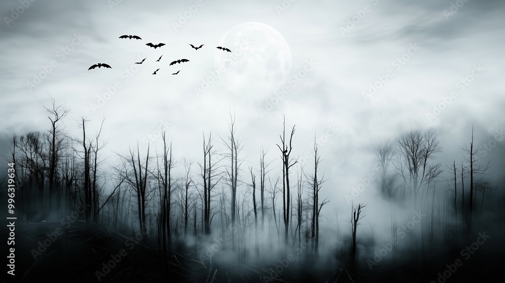 An eerie and horror-themed abstract landscape featuring black trees under a foggy sky, with birds flying across a full moon. The scene evokes a chilling and mysterious atmosphere, with crows soaring o An eerie and horror-themed abstract landscape featuring black trees under a foggy sky, with birds flying across a full moon. The scene evokes a chilling and mysterious atmosphere, with crows soaring o