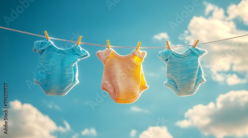 Three baby clothes are hanging on a clothesline on a sunny day. The clothes are blue, yellow, and green