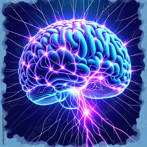 A glowing brain with neural connections depicted through electric lines, symbolizing mental health and cognitive function.