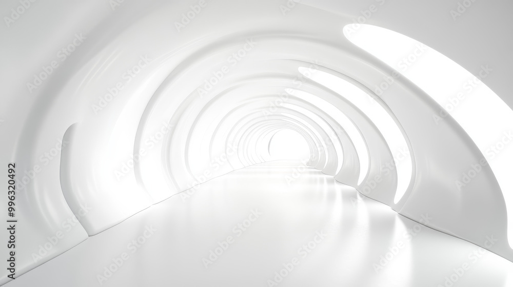 A white futuristic tunnel leading to a bright light, captured from a wide-angle perspective. The modern, abstract 3D rendered background creates a sense of depth and movement, with smooth, flowing cur A white futuristic tunnel leading to a bright light, captured from a wide-angle perspective. The modern, abstract 3D rendered background creates a sense of depth and movement, with smooth, flowing cur