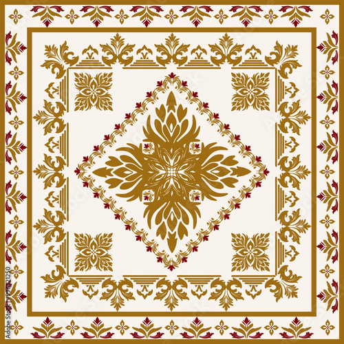 Native ethnic geometric pattern samless gold and red on a light gray background. Native American fabric, tiles, rugs, shirts	
