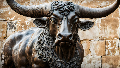 Close up photo of a copper bull at the entrance of the stock exchange, representative of bull markets, China Stock Exchange, financial background image photo