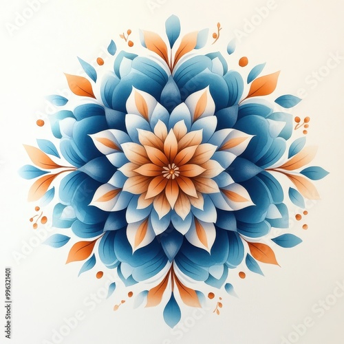 Beautiful floral mandala design in blue and orange colors on white background.