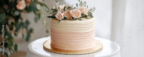 Elegant layered cake with floral decorations, isolated background. photo