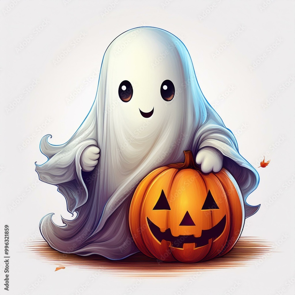 Fototapeta premium white cartoon ghost with orange jack-o-lantern pumpkin