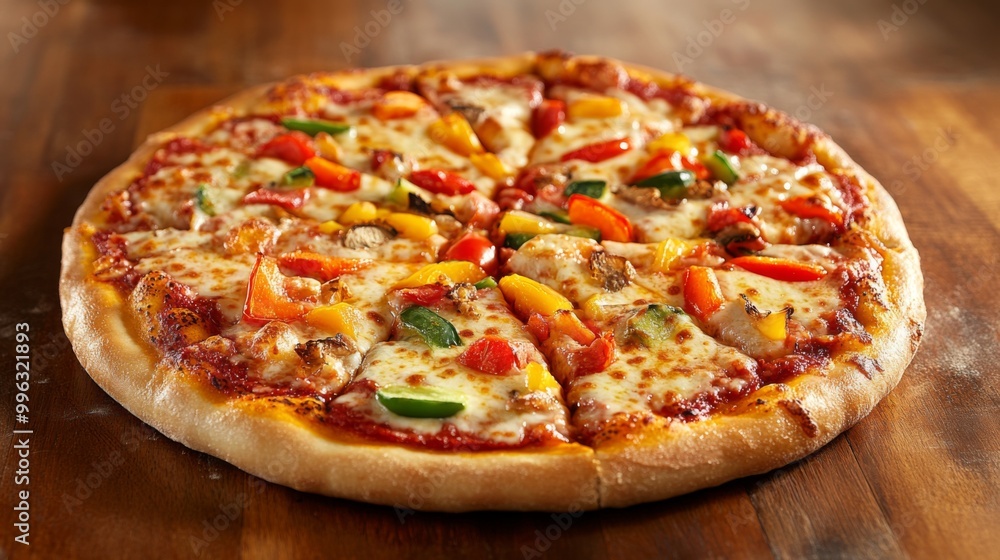 A delicious, freshly baked pizza with a golden crust, topped with vibrant vegetables and melted cheese, placed on a rustic wooden table, inviting viewers to indulge in a slice. A delicious, freshly baked pizza with a golden crust, topped with vibrant vegetables and melted cheese, placed on a rustic wooden table, inviting viewers to indulge in a slice.