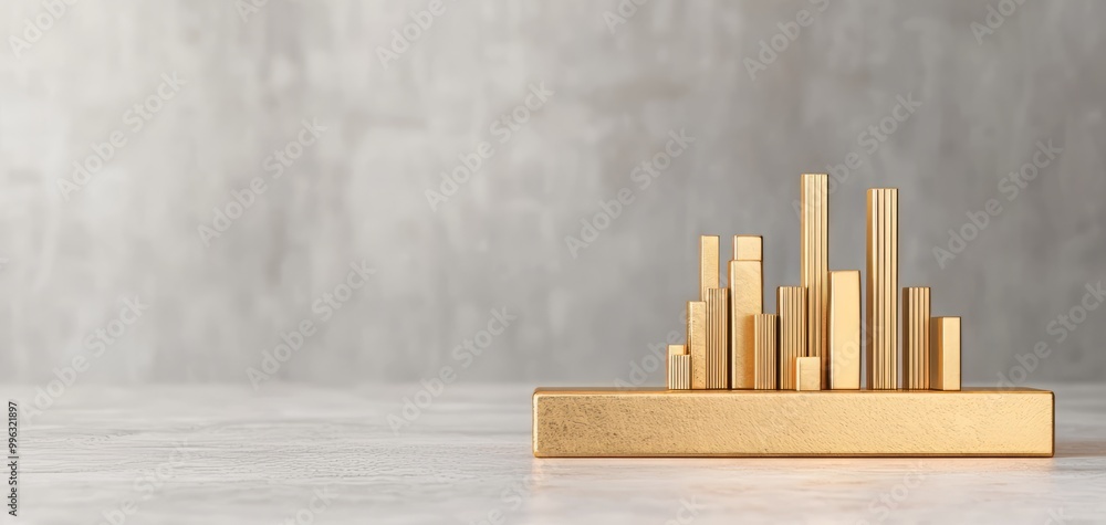 A minimalist gold bar chart symbolizing growth and success against a grey background, perfect for business and finance concepts. A minimalist gold bar chart symbolizing growth and success against a grey background, perfect for business and finance concepts.
