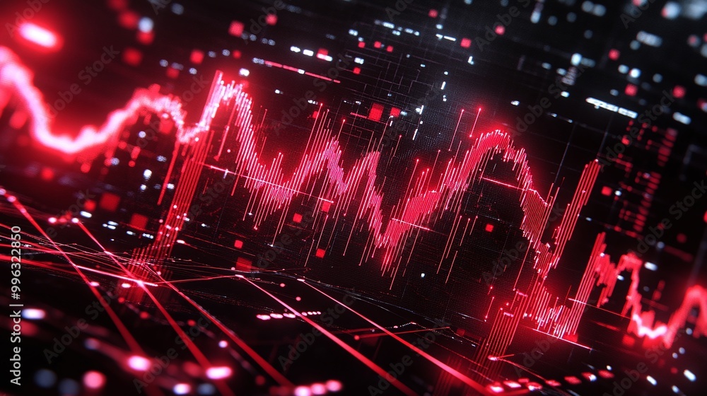 Obraz premium Abstract digital background featuring red data visualization with wave patterns and grid elements.