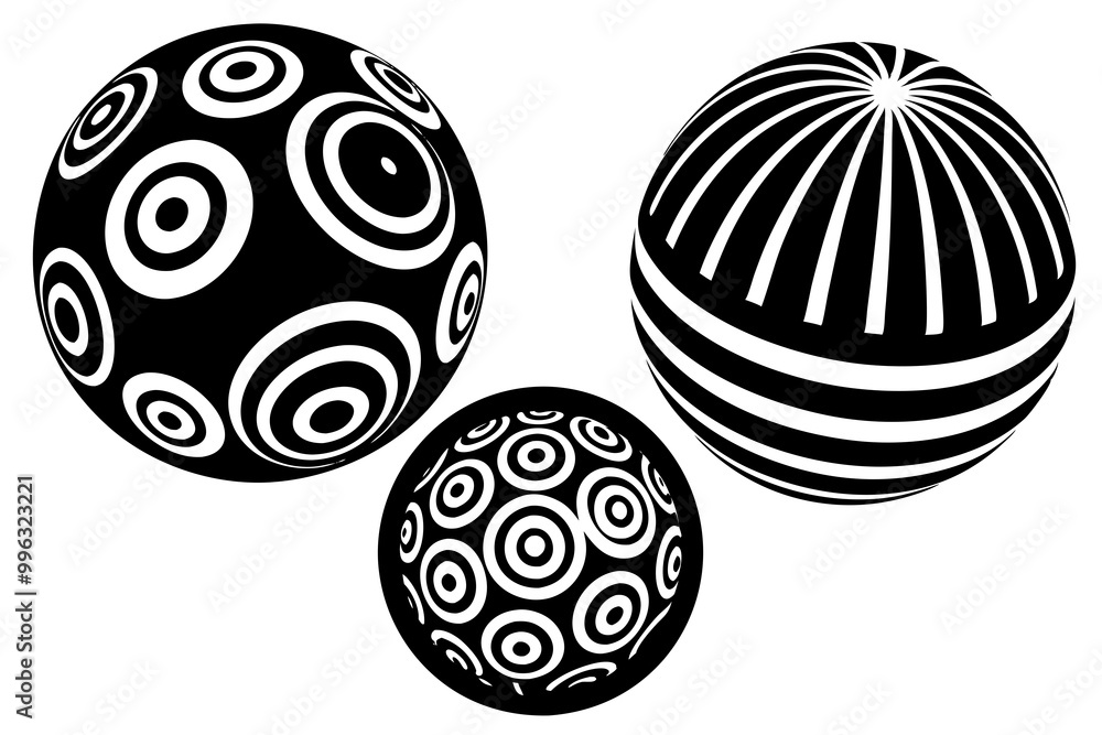 Decorated spheres vector illustrations set, abstract beautiful balls with patterns, 3D globes design concept collection, single color black and white useful for logos. Decorated spheres vector illustrations set, abstract beautiful balls with patterns, 3D globes design concept collection, single color black and white useful for logos.