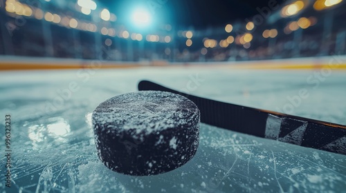 A close-up of a hockey puck and stick on a scratched ice rink surface, with blurred stadium lights and spectators in the background, capturing the intensity before a game. photo