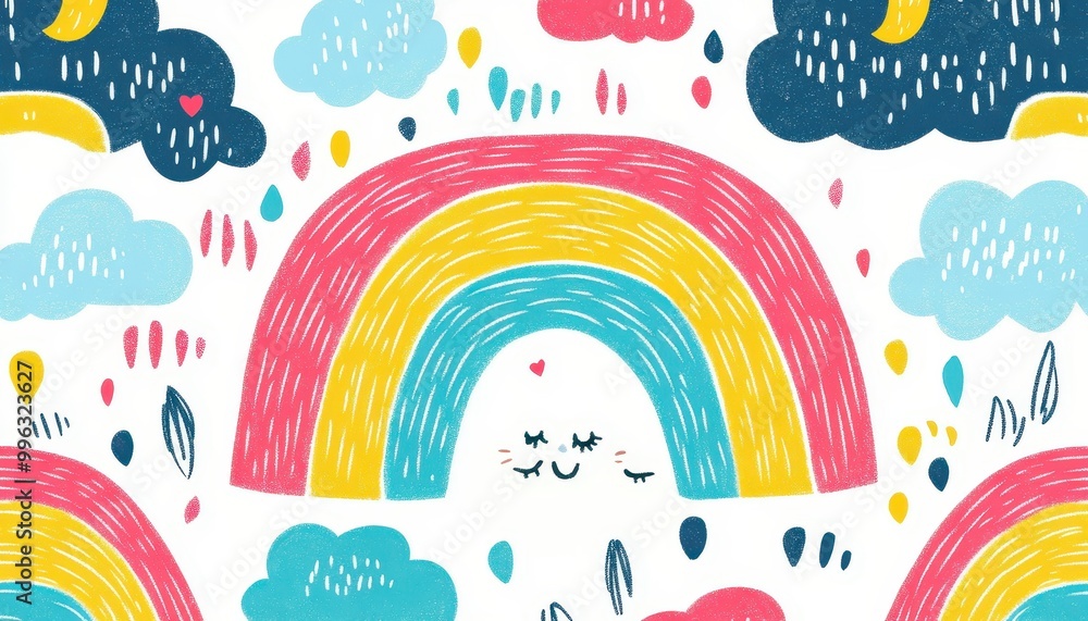 Naklejka premium Crayon-drawn rainbows and clouds, playful colors, flat design illustration