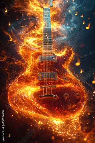 A guitar transforming into abstract waves of music,