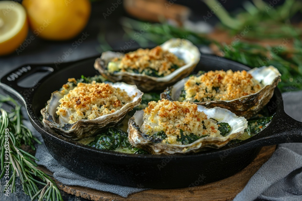 Baked Oysters with Spinach and Breadcrumbs in a Cast Iron Pan Baked Oysters with Spinach and Breadcrumbs in a Cast Iron Pan
