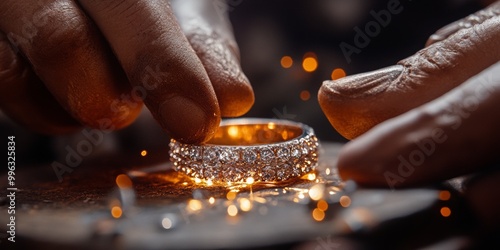 Jewelry maker polishing a ring, sparkling gemstones in the background, enhanced shine of metal, vibrant workspace atmosphere