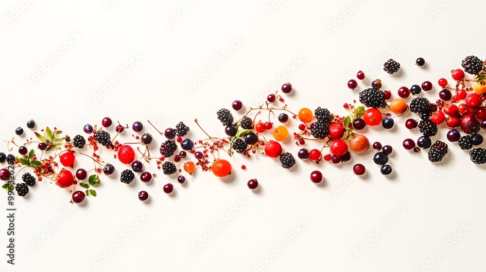 Mixed berries tumbling downward against a simple white backdrop Mixed berries tumbling downward against a simple white backdrop