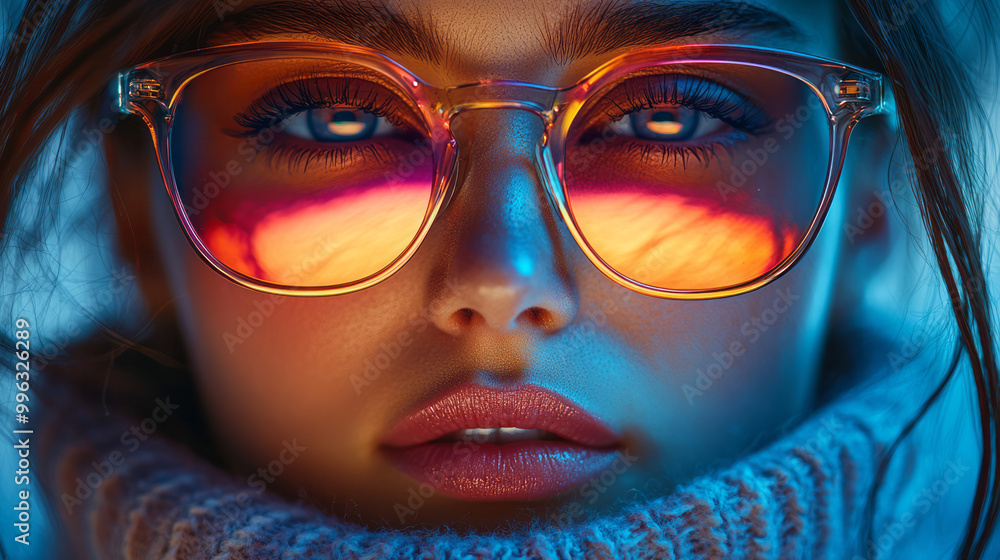 A woman wearing a holographic scarf and sunglasses, A woman wearing a holographic scarf and sunglasses,