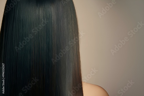 長いストレートヘアの若い女性、後ろからの眺め。黒髪｜Young woman with long straight hair, view from behind. Black hair. photo