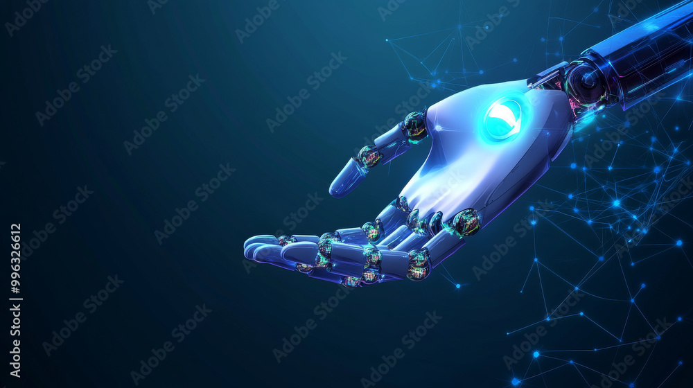 Fototapeta premium A concept of machine learning or artificial intelligence technology, featuring a graphic of a robot hand holding the AI symbol. Futuristic elements, such as glowing lines or circuit patterns, enhance 