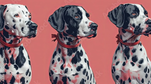 Seamless pattern with Dalmatian dogs with red ribbons on their necks on a pink background. Vector graphics