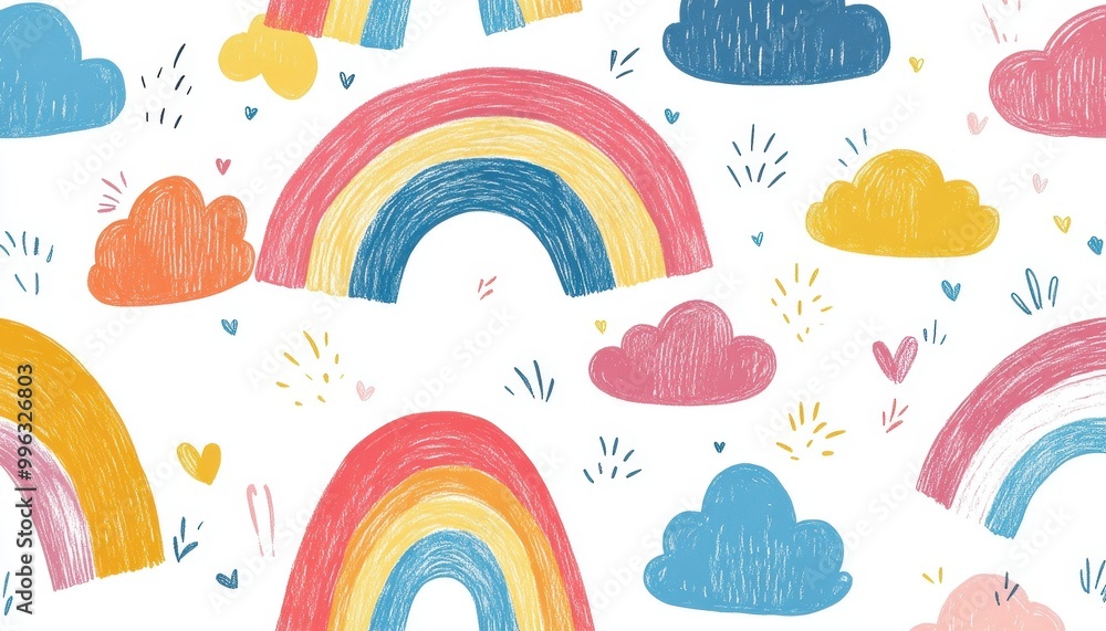 Crayon-drawn rainbows and clouds, playful colors, flat design illustration