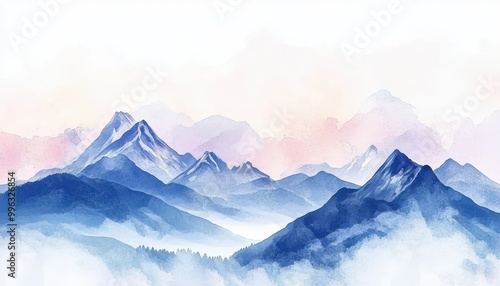 Watercolor mountains and sky, minimal landscape, flat design illustration