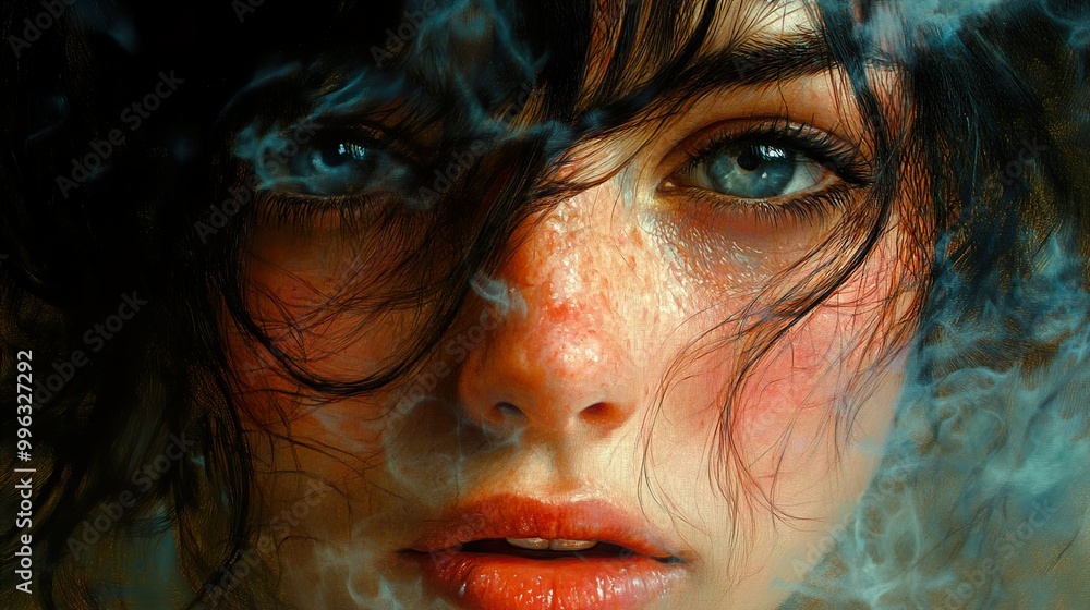 Close-Up Portrait of a Woman with Smoke and Fog Close-Up Portrait of a Woman with Smoke and Fog