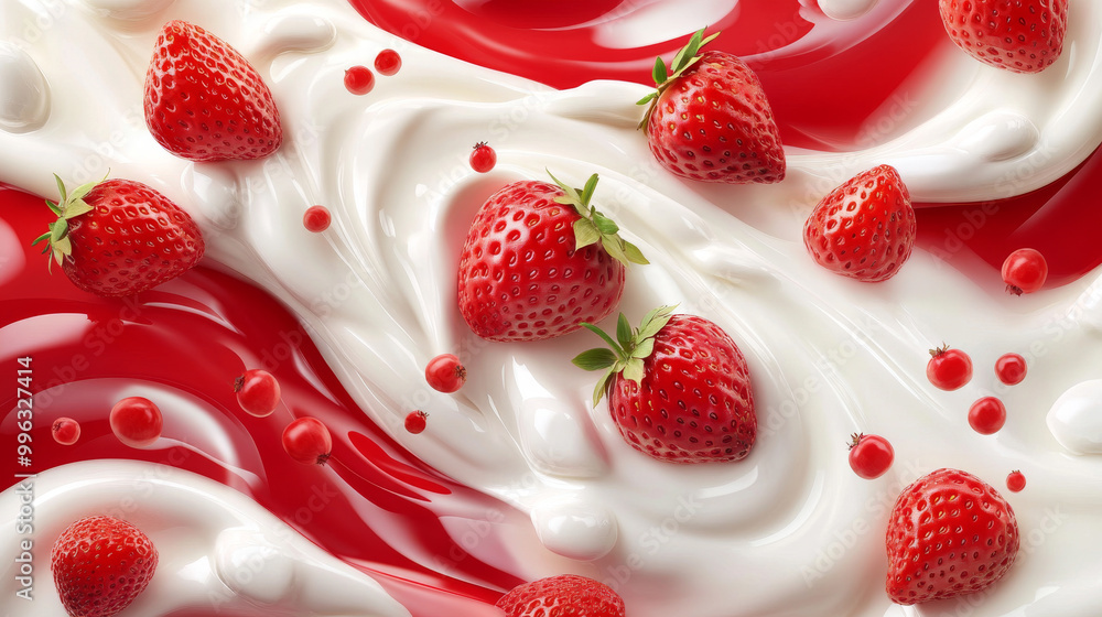 A 3D vector illustration of a ripe strawberry in a splash of milk cream or yogurt drink, with a dessert swirl featuring berries. The scene shows a realistic wave of white liquid, dairy yogurt, or cock A 3D vector illustration of a ripe strawberry in a splash of milk cream or yogurt drink, with a dessert swirl featuring berries. The scene shows a realistic wave of white liquid, dairy yogurt, or cock