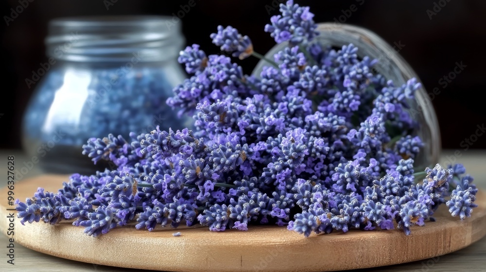 Lavender Flower Buds Arranged on a Wooden Plate in a Kitchen Scene Lavender Flower Buds Arranged on a Wooden Plate in a Kitchen Scene
