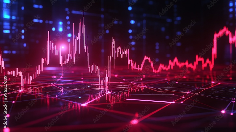 Abstract digital data visual representing financial market trends in vibrant pink and blue colors. Abstract digital data visual representing financial market trends in vibrant pink and blue colors.