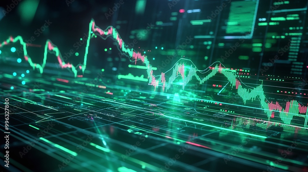 Abstract digital data visualization, glowing green lines and graphs representing financial market trends on a dark background. Abstract digital data visualization, glowing green lines and graphs representing financial market trends on a dark background.