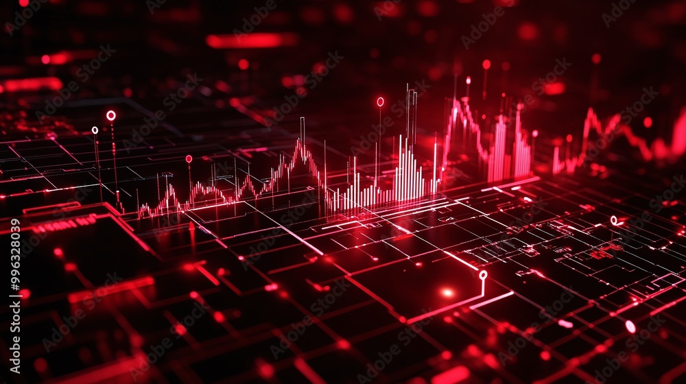 Abstract digital data visualization in red tones on a grid background, representing analytics and technology. Abstract digital data visualization in red tones on a grid background, representing analytics and technology.