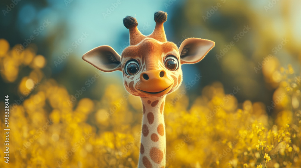 A playful and fun depiction of a giraffe, possibly with a lighthearted or whimsical pose, featuring bright colors or exaggerated features to convey its cheerful nature.






