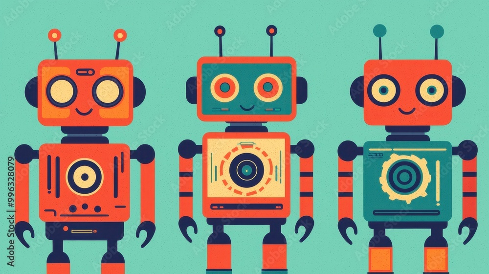Happy robots and gears, futuristic theme, flat design illustration Happy robots and gears, futuristic theme, flat design illustration