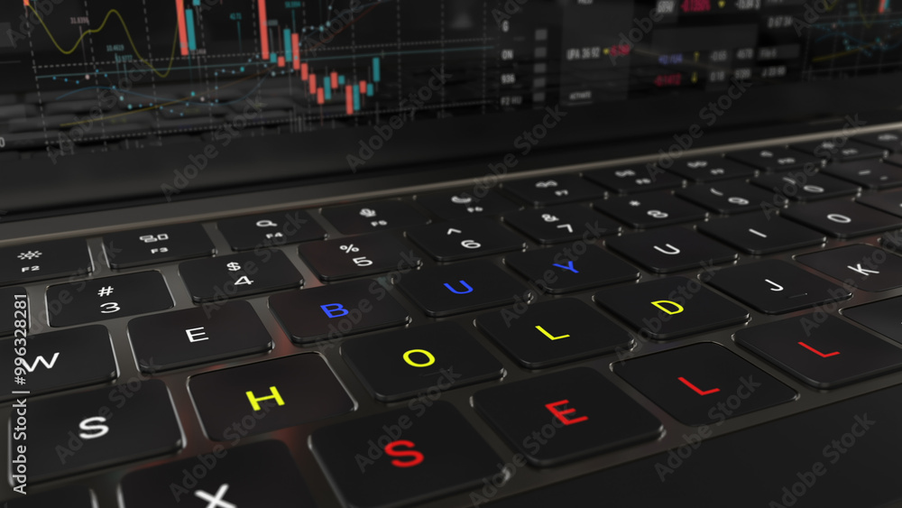 buy sell hold stock market candlsteek on the screen laptop keyboard Trading platform screen HUD. Stock chart, candles, index data 2 buy sell hold stock market candlsteek on the screen laptop keyboard Trading platform screen HUD. Stock chart, candles, index data 2