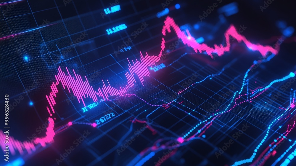Abstract digital data visualization in vibrant colors, depicting stock market trends and financial analysis. Abstract digital data visualization in vibrant colors, depicting stock market trends and financial analysis.