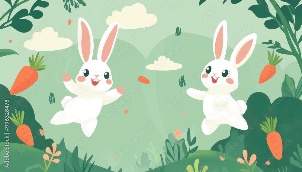 Bouncing bunnies and carrots, springtime theme, flat design illustration Bouncing bunnies and carrots, springtime theme, flat design illustration