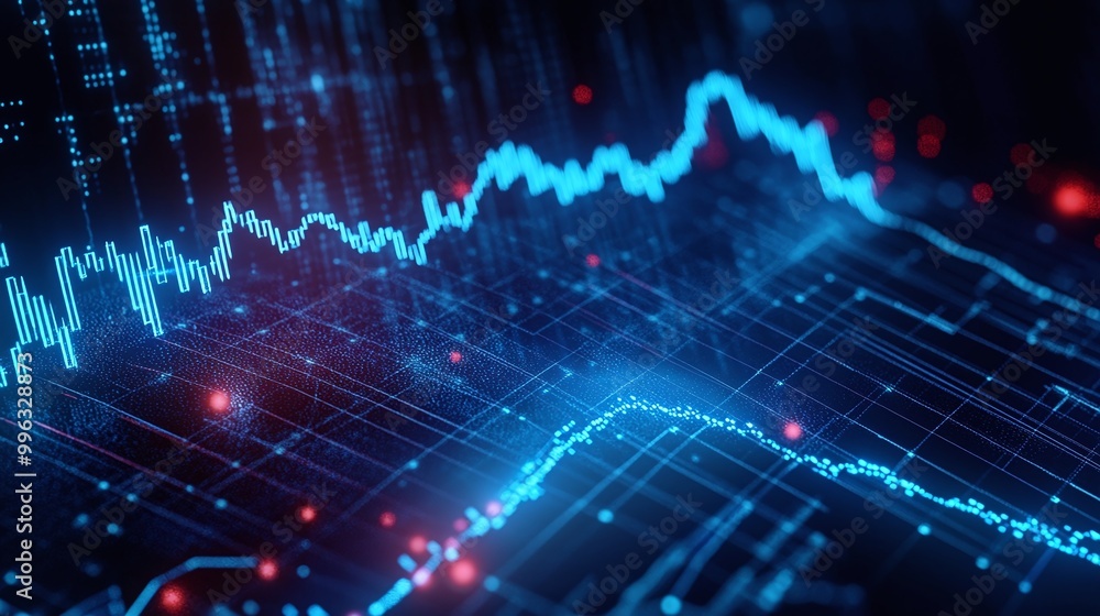 Fototapeta premium Abstract digital data visualization with blue lines on a dark background, representing trends and analytics in technology.