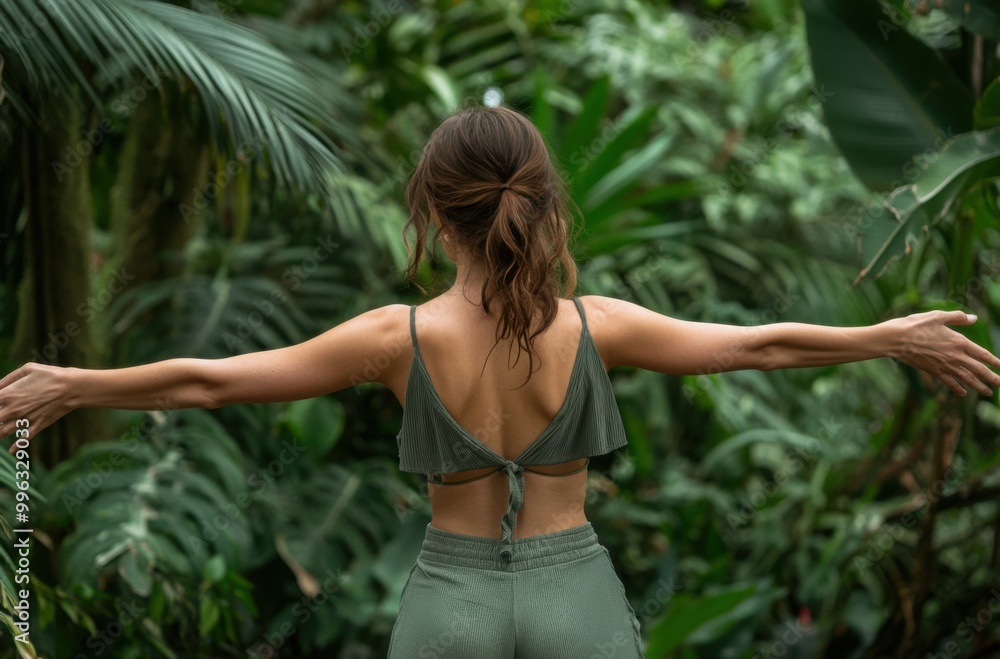 Woman in yoga suit stretching arms against tropical jungle backdrop, rear view, wearing olive green suit. Woman in yoga suit stretching arms against tropical jungle backdrop, rear view, wearing olive green suit.