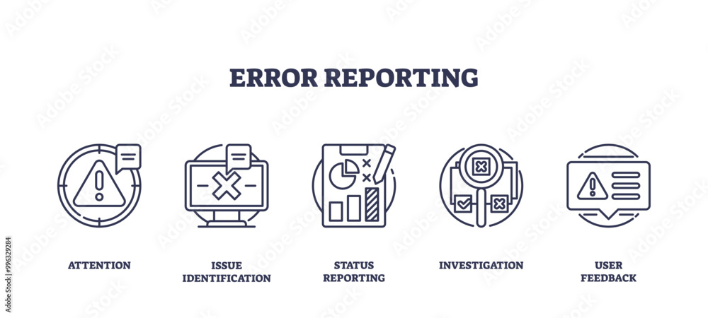 Fototapeta premium Outline icons set depicting error reporting with symbols for attention, issue identification, status reporting, investigation, and user feedback, outline icons set.