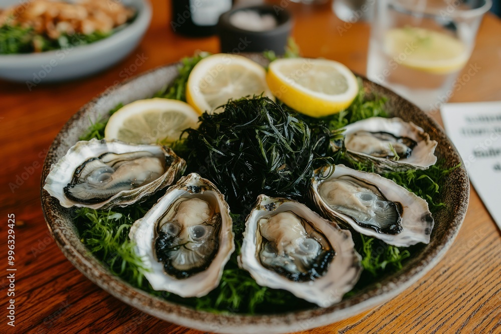 Oysters on a bed of seaweed and lemon wedges Oysters on a bed of seaweed and lemon wedges