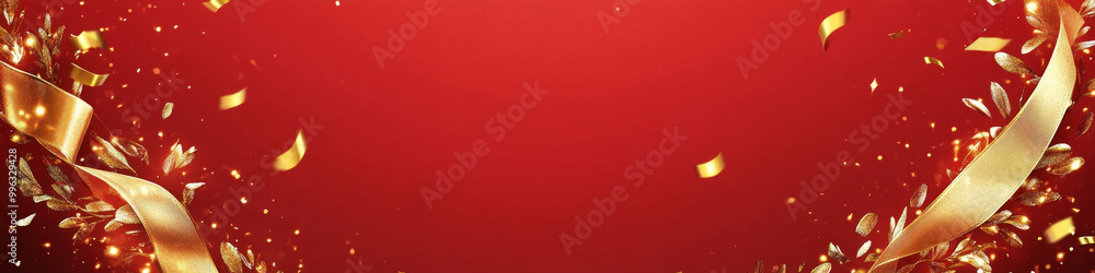Festive red background with golden ribbons and confetti creates celebratory atmosphere, perfect for invitations or announcements Festive red background with golden ribbons and confetti creates celebratory atmosphere, perfect for invitations or announcements