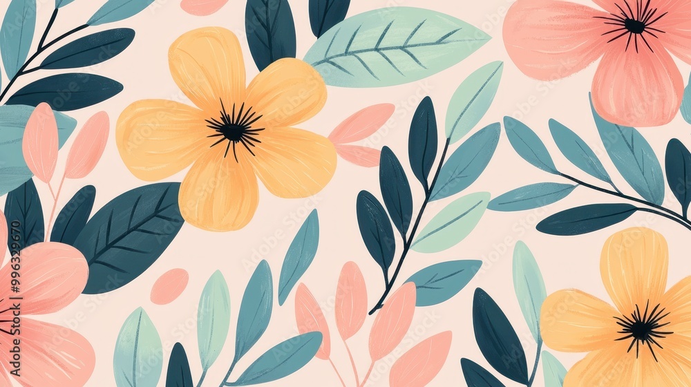 Simple crayon-drawn flowers and leaves, soft pastel tones, flat design illustration Simple crayon-drawn flowers and leaves, soft pastel tones, flat design illustration