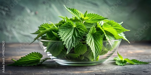 Leaves of fresh green nettle salad in a glass bowl on a gray concrete table Nature s Bounty Vibrant Nettle Leaves and Salad Ense photo