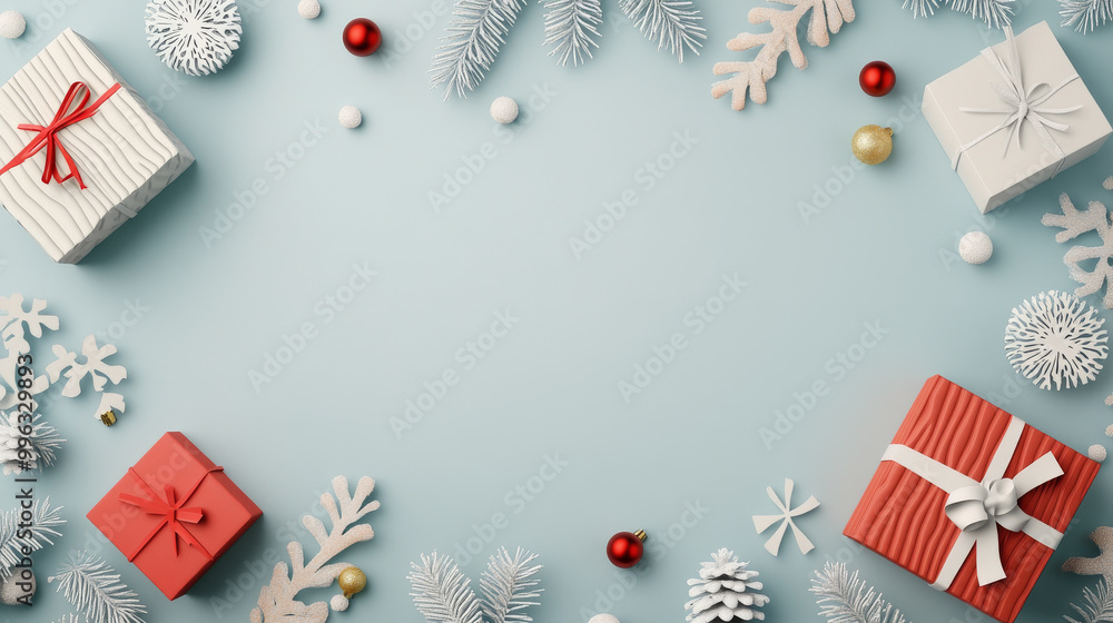 Fototapeta premium Festive gifts and decorations create cheerful holiday atmosphere. arrangement features colorful presents, ornaments, and winter foliage, perfect for seasonal celebrations