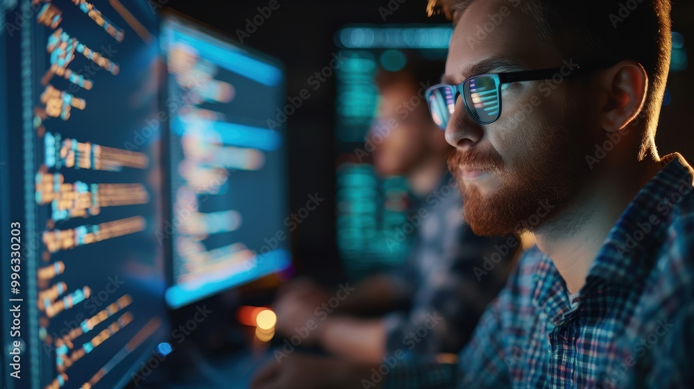 A programmer intensely works on code displayed across multiple monitors, symbolizing software development, programming, and technology in action. A programmer intensely works on code displayed across multiple monitors, symbolizing software development, programming, and technology in action.