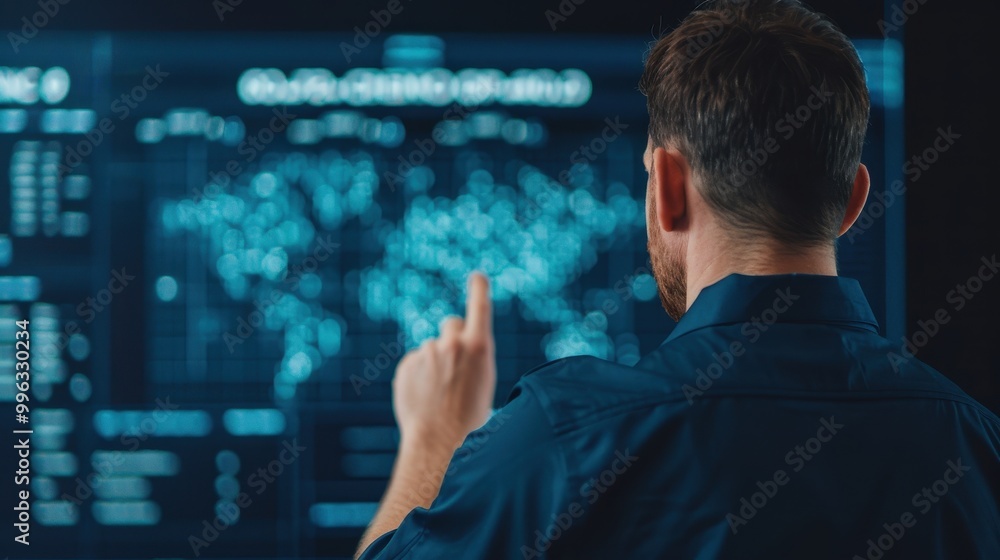 A man interacts with a large digital screen displaying global data points, representing technology, analytics, and data visualization. A man interacts with a large digital screen displaying global data points, representing technology, analytics, and data visualization.