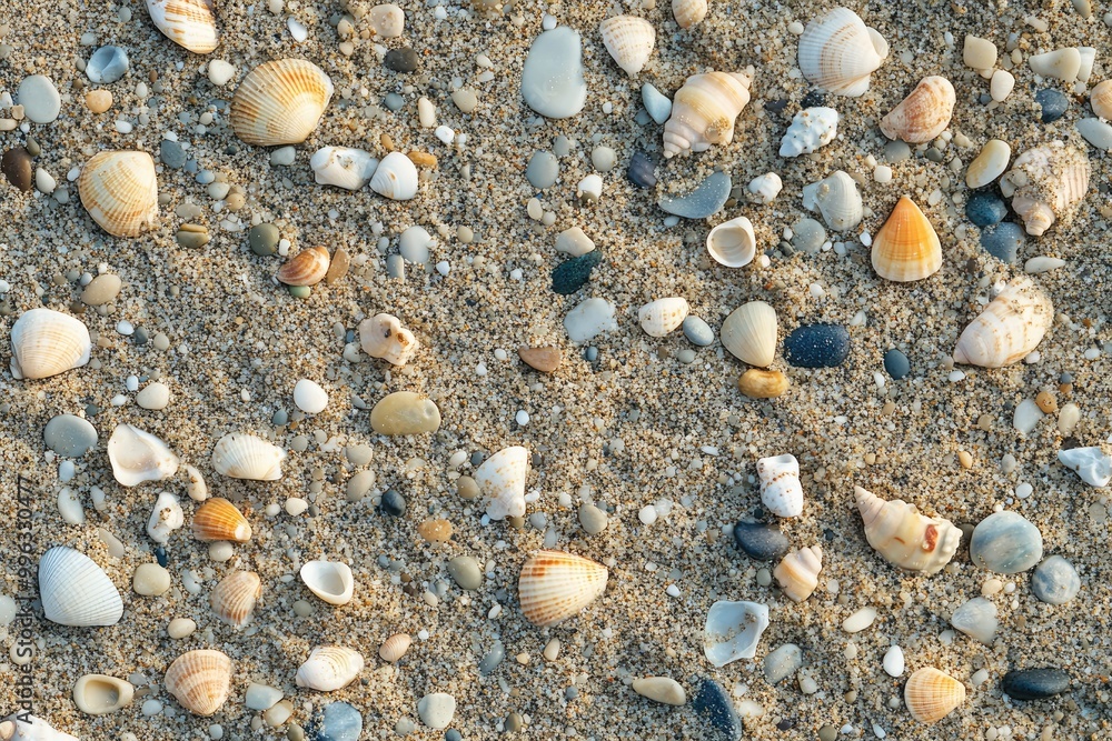 Coarse beach sand texture with small pebbles and shells mixed in Coarse beach sand texture with small pebbles and shells mixed in