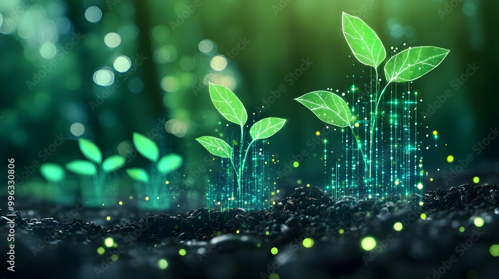 AI-generated plant sprouting from the ground, with futuristic technology symbols and data visualization in the background AI-generated plant sprouting from the ground, with futuristic technology symbols and data visualization in the background